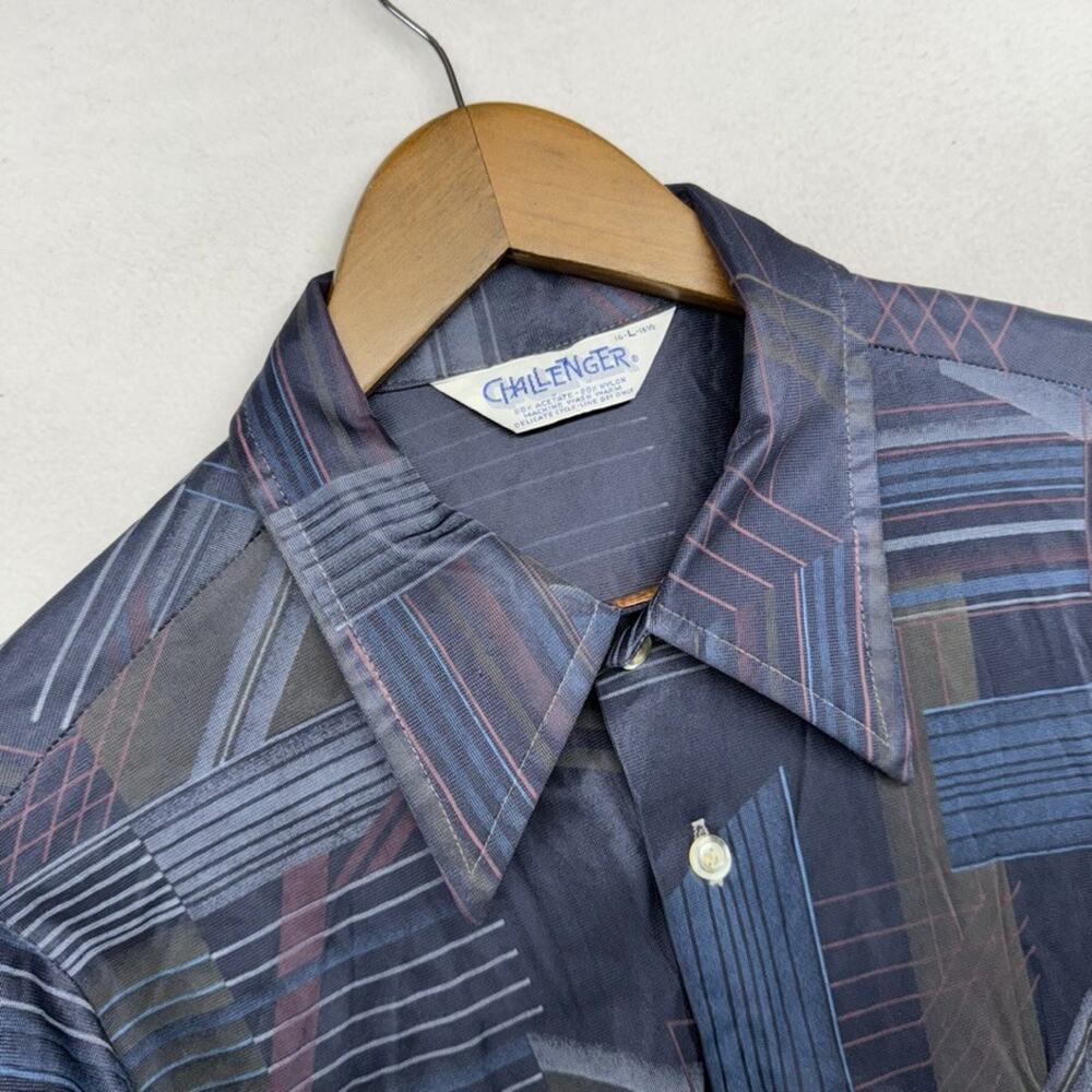 Vintage Disco Shirt Mens Large Geometric Nylon Geometric Rockabilly READ 70s 80s
